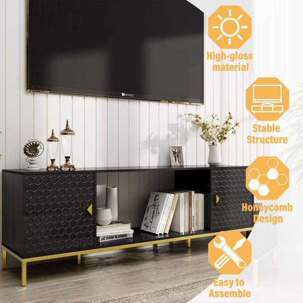 English Elm 70 Electric Fireplace TV Stand with Honeycomb Doors & Gold Legs, Sturdy MDF Console with Adjustable Shelves and Open Storage for Modern Living Room Black 75.6 L x 19.3 W x 5.5 H T3609P332395