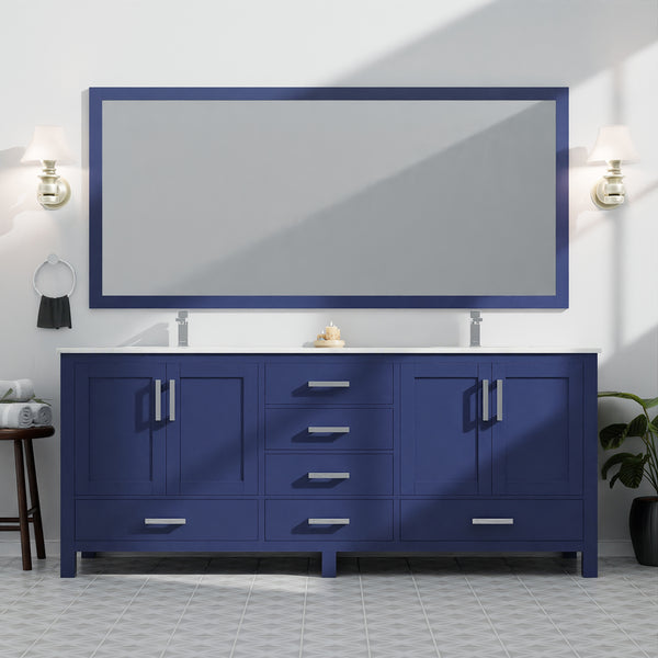English Elm Navy Blue Double Bath Vanity 84" W x 22" D – Solid Wood Frame, Soft-Close Drawers, 14-Drawer Storage B2731P258985