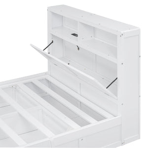 English Elm Wood Full Size Hydraulic Platform Bed with LED Headboard, Charging Station, Hidden Storage Drawers and Shelves White GX000371AAK