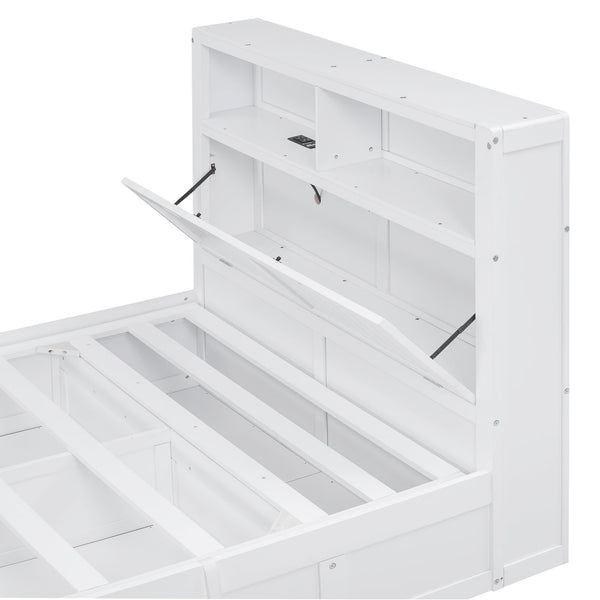 English Elm Wood Full Size Hydraulic Platform Bed with LED Headboard, Charging Station, Hidden Storage Drawers and Shelves White GX000371AAK