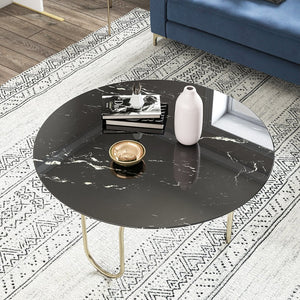English Elm 36"inch Round Tempered Glass Tabletop Marble Print Indoor Outdoor Dining Patio Black W241P361489