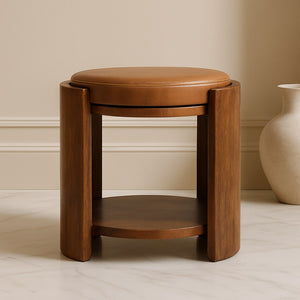 English Elm Artisan Solid Mango Wood Leather Stool Handcrafted Accent for Bedroom or Entryway B182P434592
