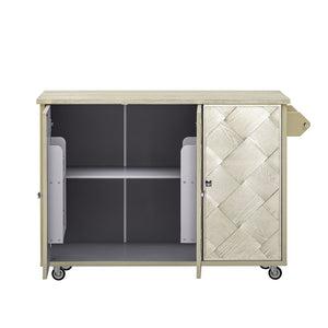 English Elm K&K Farmhouse Kitchen Island with 3D Wave Stripes Ash Veneer, Drop Leaf, Rolling Cart Storage Champagne N707P207916X