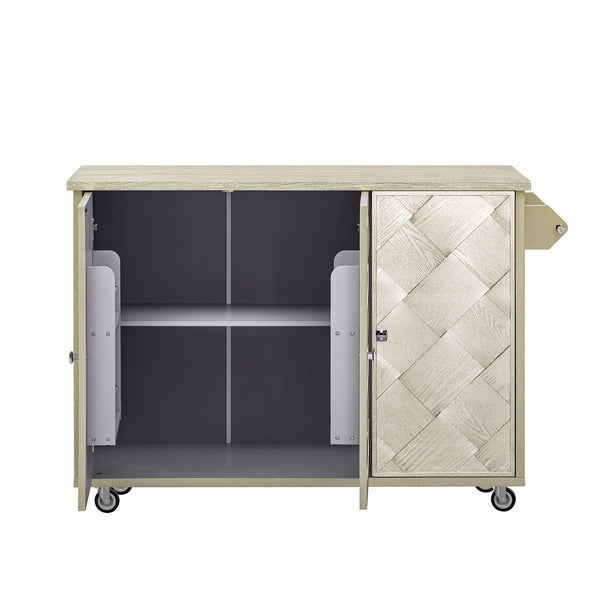 English Elm K&K Farmhouse Kitchen Island with 3D Wave Stripes Ash Veneer, Drop Leaf, Rolling Cart Storage Champagne N707P207916X