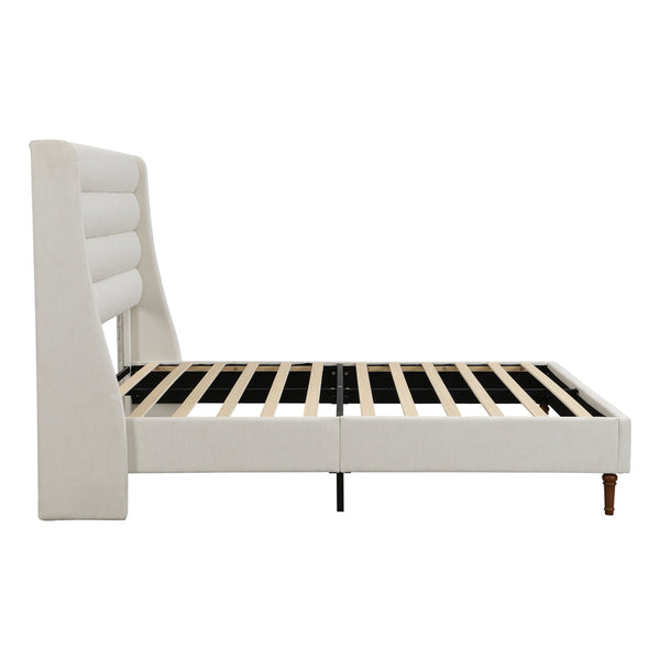 English Elm Queen Chenille Platform Bed with Wave Headboard, Noise-Free EVA Foam, Solid Wood, Ivory Finish W1716P362409
