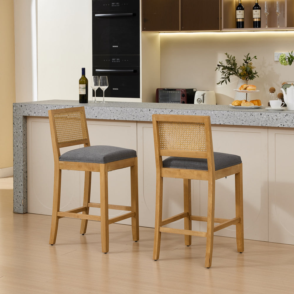 English Elm Full Solid Wood Rattan-Back Bar Stool Set Of 2 - Gray Matte Linen Cushion For Rustic Kitchen & Café W1143P384366