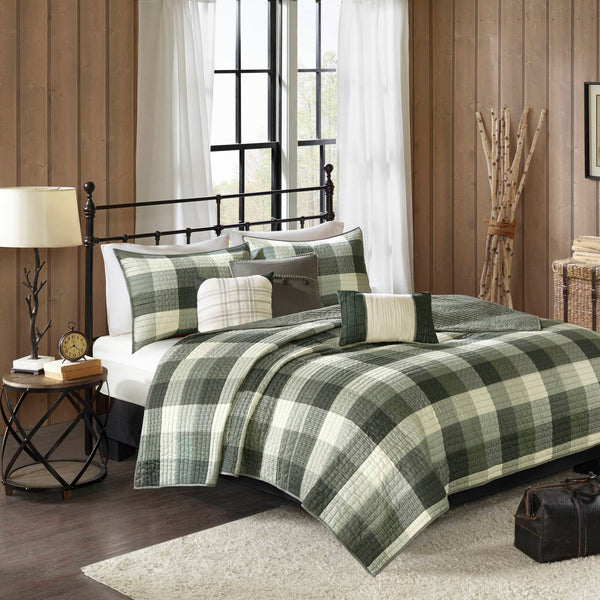 JLA Home Madison Park - 6 Piece Printed Herringbone Quilt Set with Buffalo Plaid Reversible Design and Embroidered Pillows Grey MP13-4681