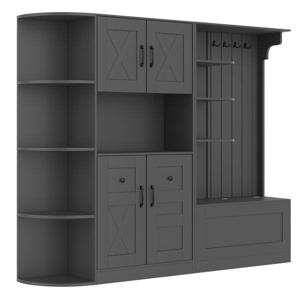 English Elm Multifunctional Modular Hall Tree Cabinet with Open Shelves and Hooks for Entryway Black W1580S00566