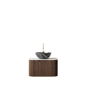 English Elm Dina Floating Bathroom Vanity with Sintered Stone Top and Crystal Glass Basin Black,Dark Walnut W2615S00276