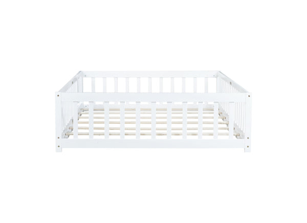English Elm Full Size Floor Bed With Safety Guardrails & Convenient Door, Eco-Friendly Rubberwood Design In White W504P286379