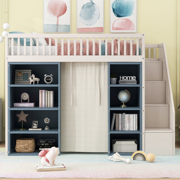 English Elm Full Size Loft Bed With Stylish Storage Cabinets, Privacy Curtain & Multi-Functional Design - White/Blue GX003006AAK
