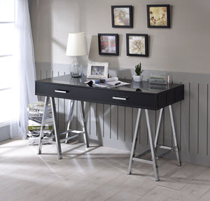English Elm Coleen Modern Black High-Gloss Writing Desk with Chrome Sawhorse Legs, 2 Smooth Glide Drawers, 70lb B2726P315589
