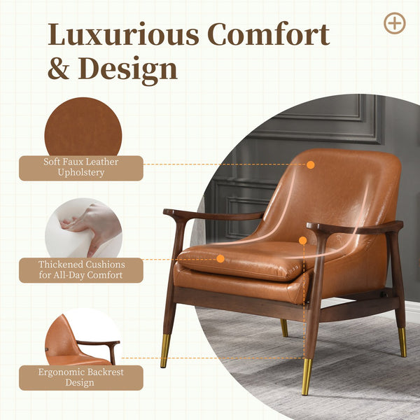 English Elm 29.2'' Mid-century Faux Leather Accent Chair Solid Wood Frame Brass Tipped Legs Lounge N767P205863B