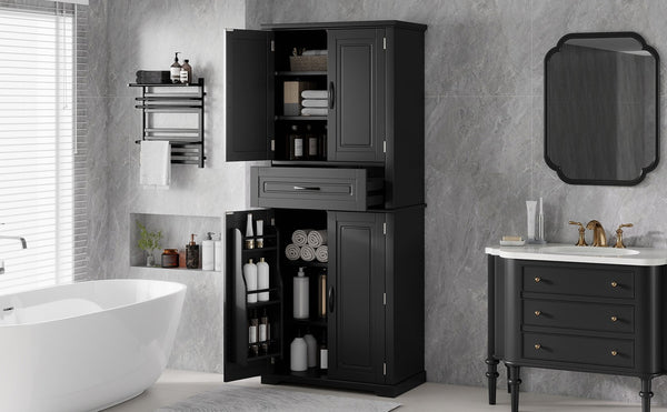 English Elm [video] Tall Matte Black Bathroom Cabinet with Drawer Adjustable Shelves and Door Racks N759P241667B