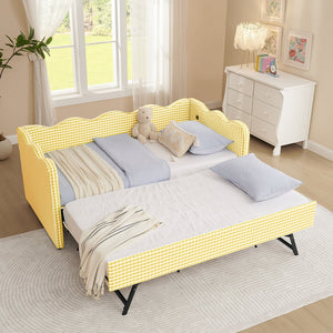 English Elm Cozy Gingham Linen Daybed with Pull Out Trundle Usb Port Wave Back Twin Sofa Yellow W1413S00121