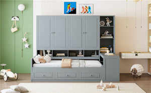 English Elm Twin Size Wooden Daybed With Integrated Desk, Storage Drawers, And Shelves - Stylish Gray Design! N820S00054E-GIGA