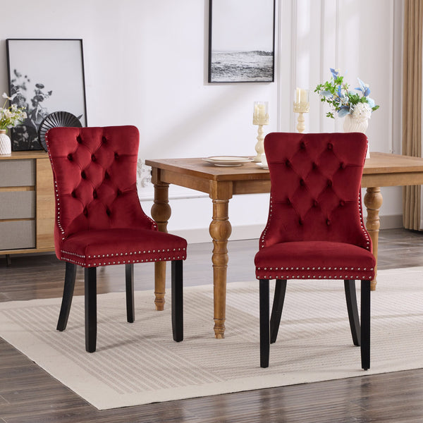 English Elm Classic Velvet Tufted Dining Chairs Set of 2 Burgundy – Solid Wood Frame, High-Rebound Sponge, Nailhead Trim, 300lb W114391510