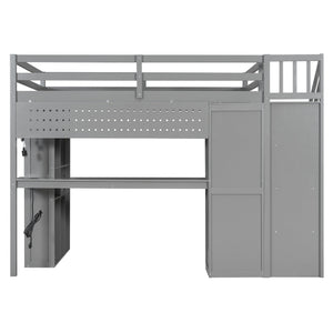English Elm Full Loft Bed with Integrated Wardrobe Desk Shelving and Led Lighting for Teen Rooms Grey LT000927AAE