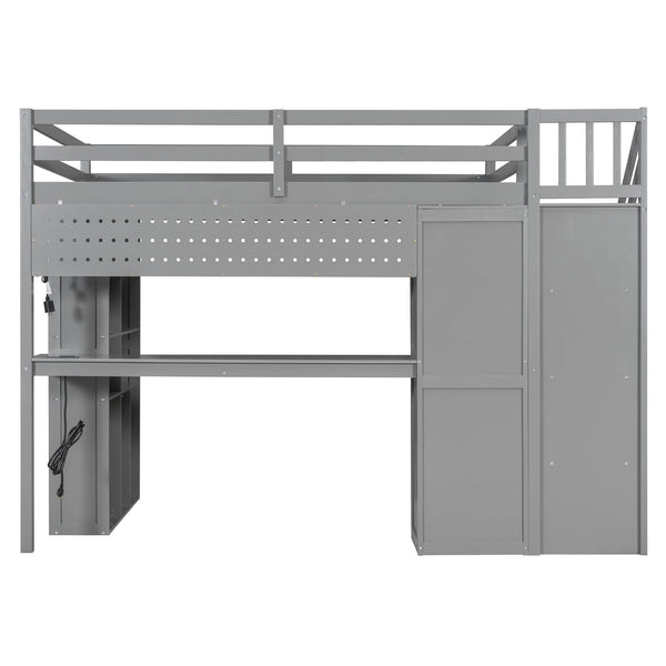 English Elm Full Loft Bed with Integrated Wardrobe Desk Shelving and Led Lighting for Teen Rooms Grey LT000927AAE