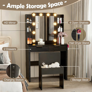English Elm Makeup Vanity with Hollywood Bulbs Fluted Mdf Dressing Table Glam Storage Stool N704P340251B