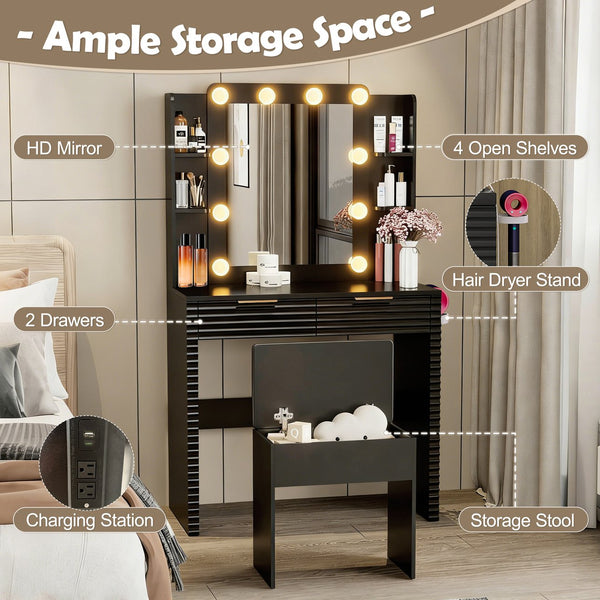 English Elm Makeup Vanity with Hollywood Bulbs Fluted Mdf Dressing Table Glam Storage Stool N704P340251B