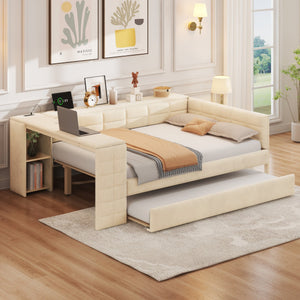 English Elm Full Size Upholstered Platform Bed With Desk, Usb Charging, Trundle & Storage Shelves In Beige Velvet N7090000604A