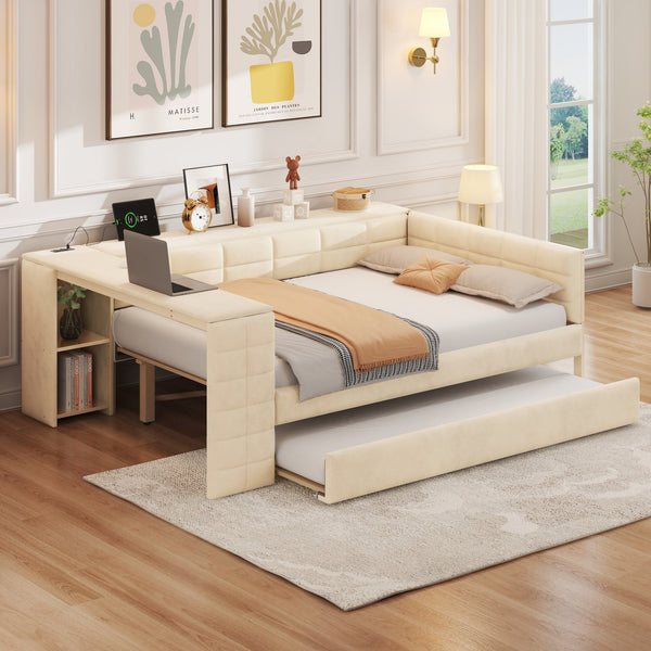 English Elm Full Size Upholstered Platform Bed With Desk, Usb Charging, Trundle & Storage Shelves In Beige Velvet N7090000604A