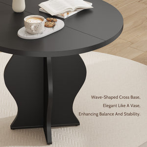 English Elm 31.5 Inch Round Farmhouse Dining Table Wave Pedestal Veneer Top Seats Two Black T5618P448233