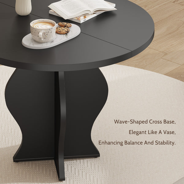 English Elm 31.5 Inch Round Farmhouse Dining Table Wave Pedestal Veneer Top Seats Two Black T5618P448233