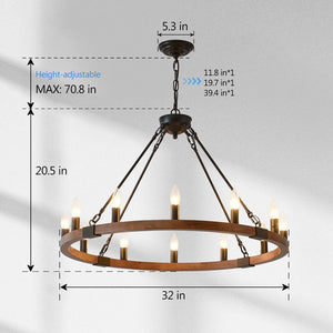 English Elm 31.5 Inch Wagon Wheel Chandelier Wood Matte Black 12-light Farmhouse Pendant Fixture W5008P464752