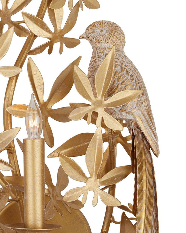 Currey & Company Aviary Gold Wall Sconce: Elegant Biophilic Design With Floral Motifs & Dimmable Single Bulb Ambiance Gold Wrought Iron ,Composite 5000-0282-currey-company