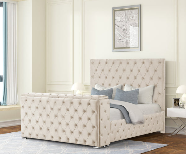 English Elm Encore Modern Tufted King Bed In Beige - Elegant Upholstered Design With Hidden Tv Storage Compartment B009S01649