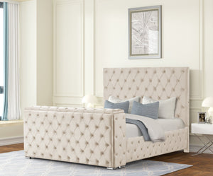 English Elm Encore Modern Tufted Queen Bed In Beige - Stylish Upholstered Design With Hidden Tv Compartment B009S01677