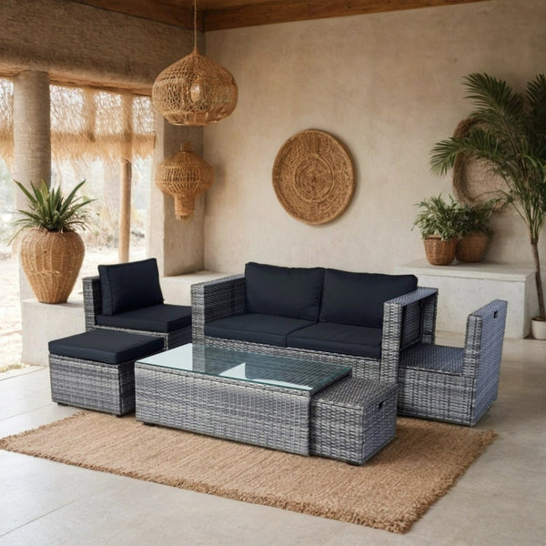 English Elm 6 Piece Patio Wicker Sectional Set with Space-Saving Nesting Design, Steel Frame, Tempered Glass Table and Weatherproof Cushions Grey+Black W329S00054