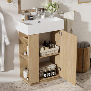 English Elm [video]21.6" Freestanding Bathroom Vanity Ceramic Sink Wavy Door Mdf Cabinet Small Bath Wood N729P285503N