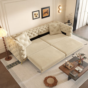 English Elm 97.6" Oversized Velvet Chesterfield Sleeper Sofa Floral Tufted Roll Arm Living Room Couch Apricot W1885S00201