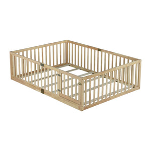 English Elm Twin Montessori Floor Bed Solid Rubber Wood with Safety Fence Rails Toddler Room W504P411200