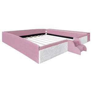 English Elm King Velvet Kids Platform Bed with Padded Guardrails Staircase and Storage Ottoman Pink+White SF000204AAH