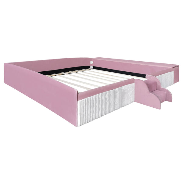 English Elm King Velvet Kids Platform Bed with Padded Guardrails Staircase and Storage Ottoman Pink+White SF000204AAH