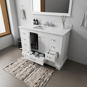 English Elm White 48 in. Single Bath Vanity with White Quartz Top, Solid Wood, Soft-Close Drawers, Storage B2731P258207