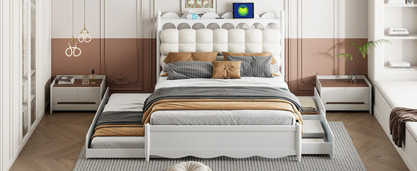 English Elm Queen Size Wooden Storage Platform Bed With Trundle, Usb Ports, And Spacious Drawers In White N820S00038K-GIGA
