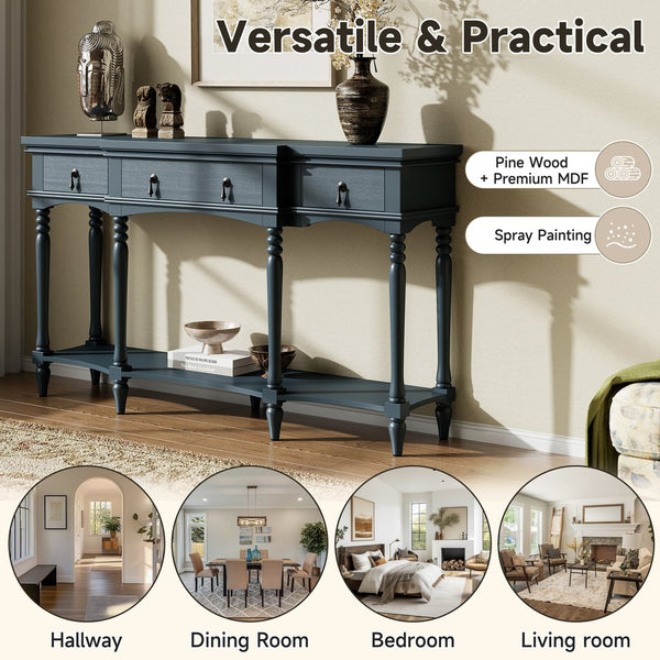 English Elm [video] Solid Pine Console Table Ornate Carved Legs Copper Hardware Soft-close Drawers Blue N759P433566C