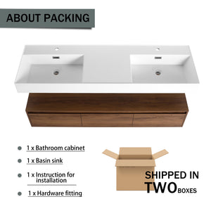 English Elm 60 Inch Wall-Mounted Bathroom Vanity With Dual Resin Sinks, Soft-Close Drawers & Modern Elegance W999S00259