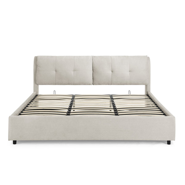 English Elm King Size Chenille Upholstered Hydraulic Platform Bed With Storage & Integrated Headboard, Beige W1413S00115
