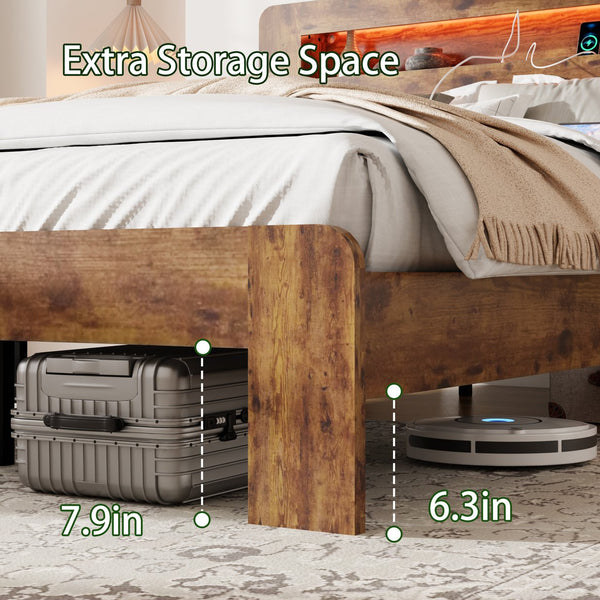 English Elm Bed Frame Queen Size - Stylish Wood Platform With Led Headboard, Usb Charging, And Storage Space W636P318036