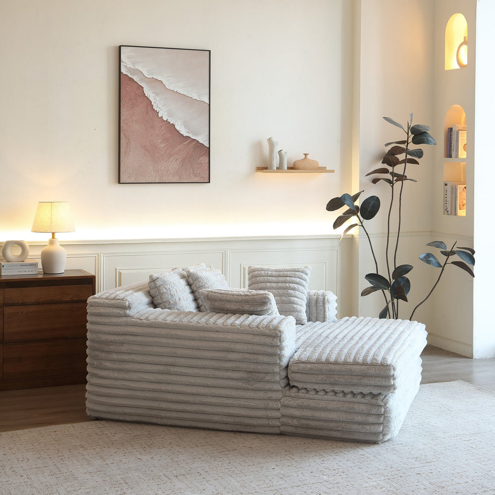 English Elm Chaise Plush Corduroy Lounge Chair Bed with Armrests & Throw Pillows, Oversized 57" Comfort Seat LIGHT GREY W3191S00006