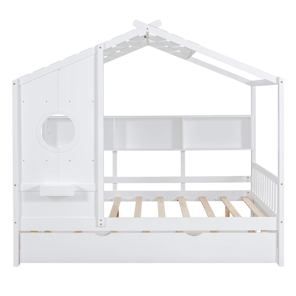 English Elm Wooden Full Size House Bed with Trundle and Built-In Shelves — Modern Pine Frame, Whimsical Roof Design White 57.2 L x 16.25 W x 5.9 H N733S316125K