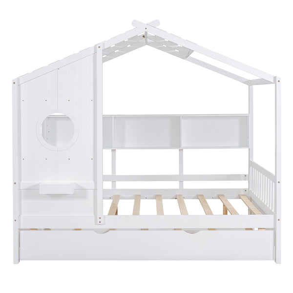 English Elm Wooden Full Size House Bed with Trundle and Built-In Shelves — Modern Pine Frame, Whimsical Roof Design White 57.2 L x 16.25 W x 5.9 H N733S316125K