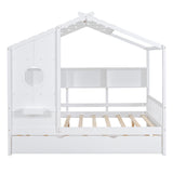 English Elm Wooden Full Size House Bed With Trundle, Modern Design For Kids With Storage Shlef, White