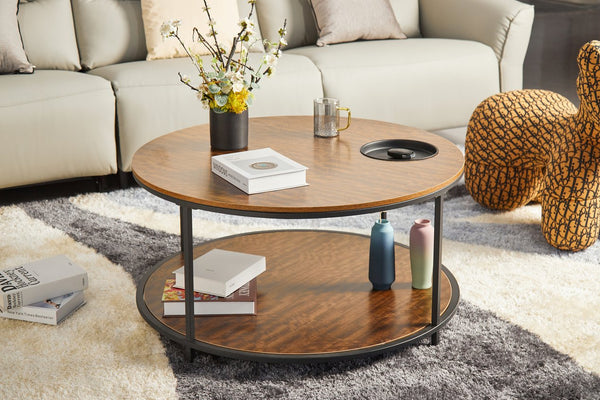 English Elm Round Coffee Table Antique Wood Finish Two Tier Open Shelf Modern Living Room Black Brown W1911P371570
